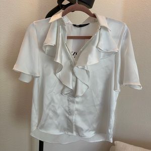NWT ZARA Silky Satin Ruffle Top in White
